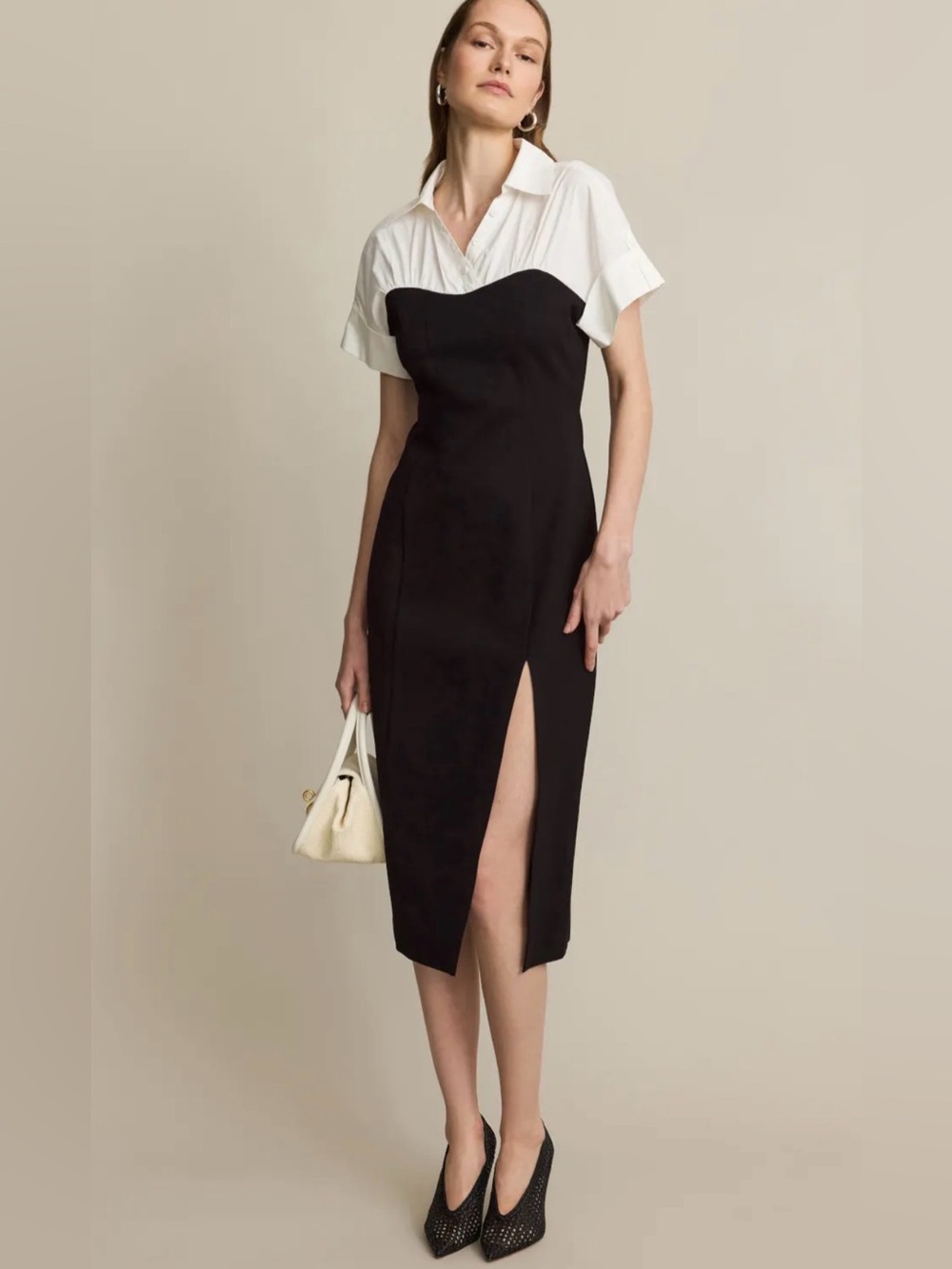 Toccin Collared Shirt Dress Bodycon Button Top Midi Dress with Front Slit